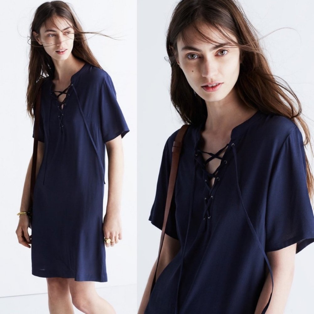 Madewell Blue Novella Lace-Up Mini Dress 70s Inspired Size XXS Navy Viscose
